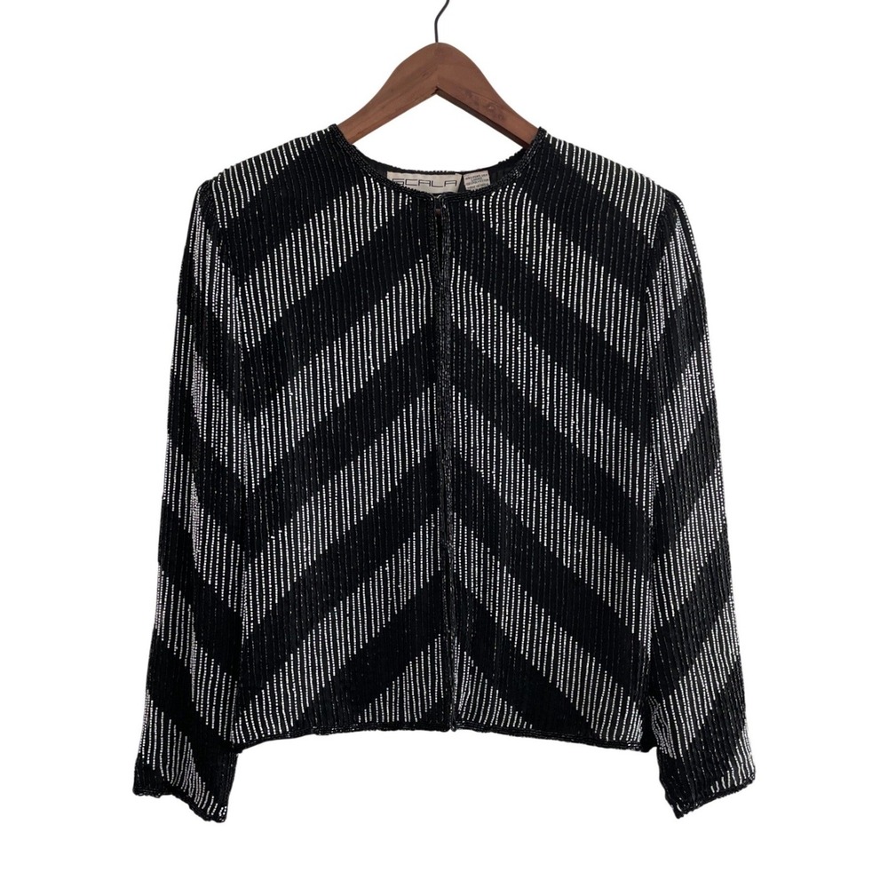 Scala Vintage Beaded Silk Evening Jacket Black White Chevron Geometric Medium